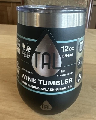 TAL Stemless Black Wine Glass 12 oz Stainless Tumbler Hot Cold New - Image 1 of 4