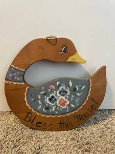 Goose Wooden Sign Hand Painted Signed Two Sides Bless This House Christmas - Picture 1 of 2