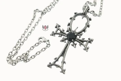 Alchemy Gothic Ankh Necklace P342 Goth 2002 Black Cross Crystal Pewter England - Изображение 1 из 4