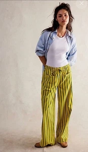 Pantaloni Free People Hudson Canyon stampati popeline taglia large giallo verde gamba larga - Foto 1 di 14