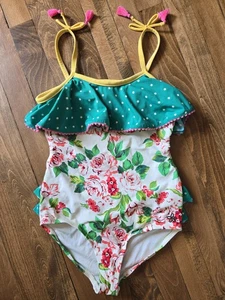 Girls Matilda Jane Swimsuit 12 One Piece Open Back Floral Polka Dot - Picture 1 of 8