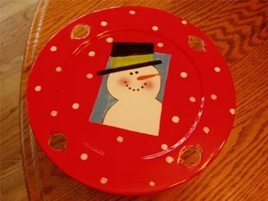 NEW CERAMIC SNOWMAN CHEESEBALL / APPETIZER DISH/PLATTER WITH SLOTS FOR 4 KNIVES - Picture 1 of 1