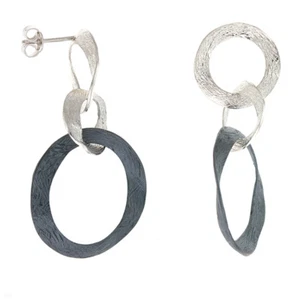SIGNED HERCO TEXTURED 2-TONE STERLING SILVER DANGLE POSTED HOOP EARRING - Picture 1 of 1