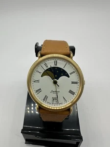 VINTAGE EASTMAN ELEGANT MOON PHASE QUARTZ MEN'S GOLD TONE/BROWN LEATHER WATCH - Picture 1 of 16