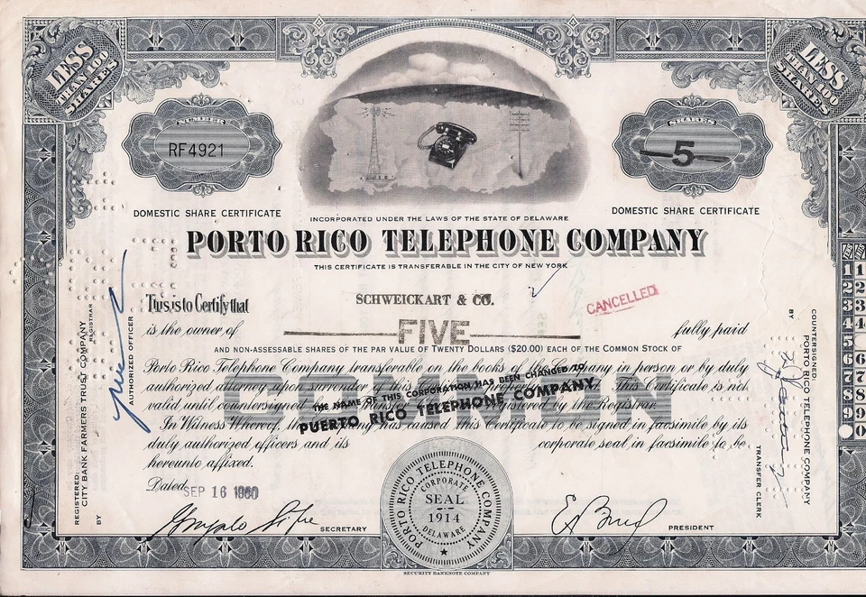 Certificado de acciones Oporto (Puerto) Rico Telephone Company Menos de 100 acciones Foto 1 de 1