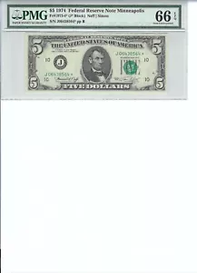1974 $5 FRN FR1973-J* PMG 66 EPQ, Kansas City *note S/N J06438564*!!! - Picture 1 of 2