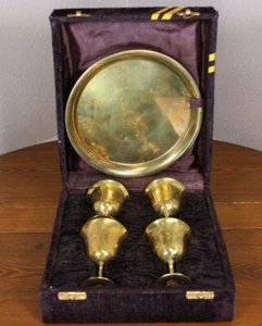 Floral Engraved Brass Set 4 Stemmed Chalice Goblets Case Wine Champagne Wedding - Picture 1 of 12