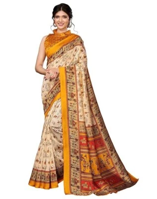 Sari de seda suave para mujer con pieza de blusa Bollywood diseñador indio beige amarillo Foto 1 de 4