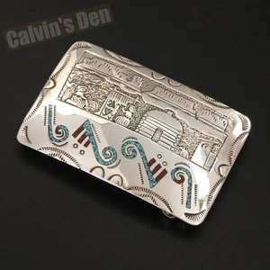 Navajo Shiny Sterling Silver Turquoise Coral Chip Inlay Storyteller Belt Buckle - Picture 1 of 11