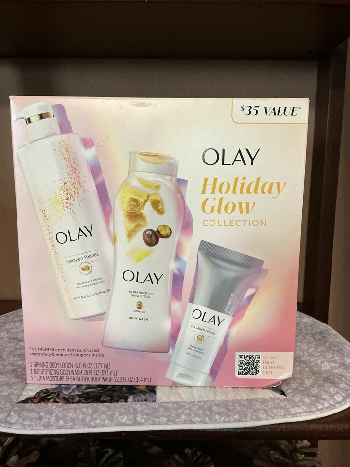 玉兰油假日发光 3 件装礼品包沐浴露、手部和身体乳液全新 — 第 1/4 张图片