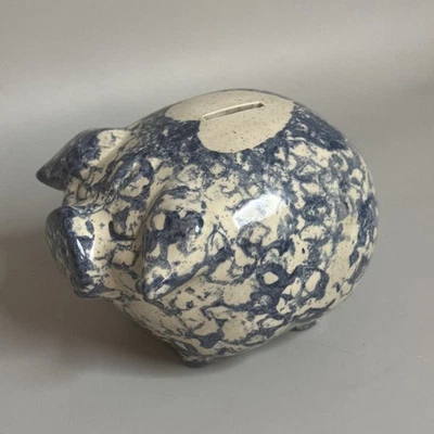 Vintage J.S. 1985 Ceramic Piggy Bank Spongeware - Blue White Heart Coin Pig - Image 1 of 4