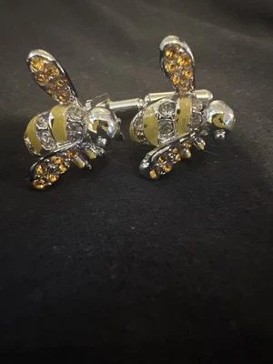 Vintage  Yellow Bee Cufflinks Fancy Insect Animal Honeybee Crystal - Image 1 of 4