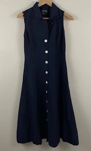 Cuello J. Peterman Vintage Talla 8 Azul Seda Mezcla Lino Botón Frontal Sin Mangas - Imagen 1 de 4