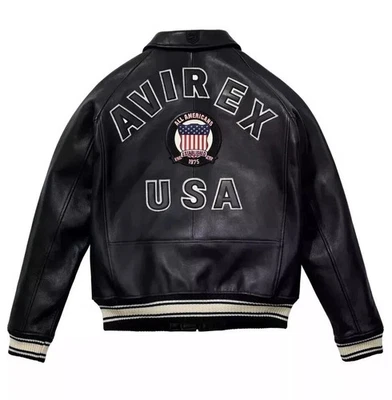 Men's Avirex USA Edition Black Icon Varsity Real Cowhide Leather Fashion Jacket - Image 1 of 4