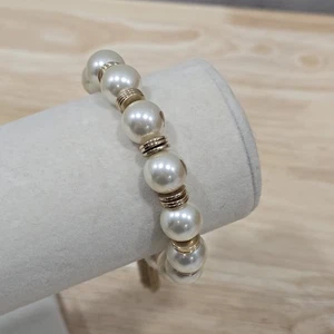 Heavy Faux Pearl Beaded Toggle 8" Bracelet Chunky Rhinestone Gold Tone Tassel - Picture 1 of 16