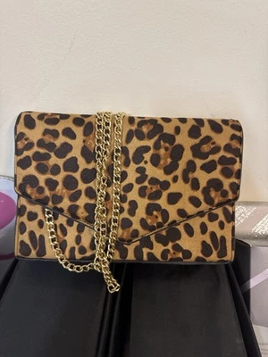 Leopard Print Envelope Clutch Crossbody Bag w/ Gold Chain – Animal Print Purse - Image 1 of 4