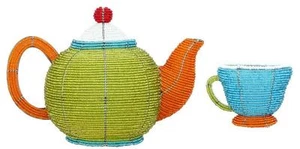 Beadworx Wire Glass Beads NWT Beaded Teapot Teacup 2 pc Wall Decor Set Retired - Picture 1 of 1