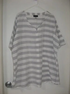 MY SIZE GREY+WHITE STRIPED LINEN BLEND SHORT SLEEVE TUNIC TOP SIZE L - Picture 1 of 3