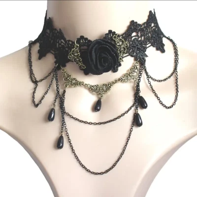 Elegant Dark Vintage Choker Jewelry Sexy Lace Rose Flower Gothic Necklace - Image 1 of 4
