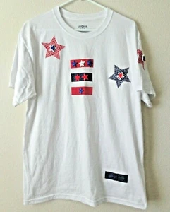 Jerzees Women's Patriotic White Tee with Red White & Blue Star Shaped Buttons - Picture 1 of 3