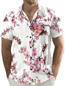 Men's Flower Casual Button Down Short Sleeve Hawaiian Shirt White Pink XX-Large - Picture 1 of 7