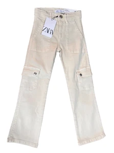 New - Zara Girls Tan Vanilla Denim Cargo Stretch Pants, Size 6 - Picture 1 of 3