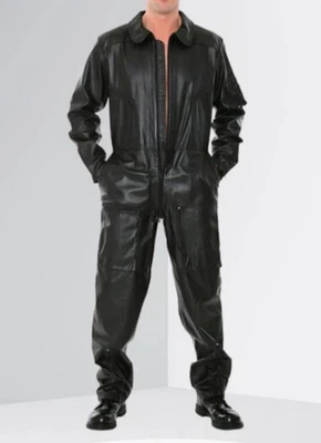 Mens Genuine Soft Leather Black Bib Overall Dungaree Jumpsuit Suit Uniform Men - Image 1 of 2