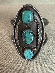 Native American 3 Stone Turquoise Feather Sterling Silver Cuff Bracelet 5.25 52g - Picture 1 of 10