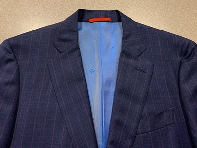 Blazer Abrigo Deportivo Isaia Gregory 100% Lana 52 8R Rayas Cuadros Azul Marino Rojo Italia Foto 1 de 4