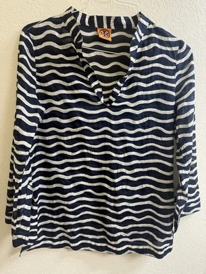 Tory Burch Women’s Lightweight Navy & Ivory Print Tunic w/Clear Sequins Size S - Image 1 of 4