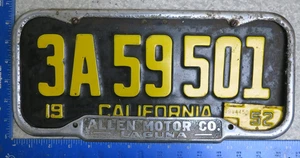 California License Plate Ca Frame Metal 1951 1952 Allen Motor Co. Laguna 3a59501 - Picture 1 of 6