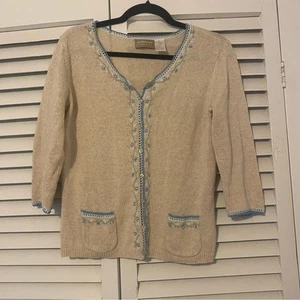 Cárdigan Liz Claiborne Talla Pequeña Cottagecore Mezcla de Lino Floral Bordado - Imagen 1 de 8
