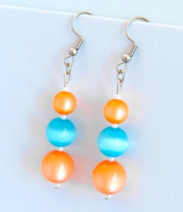 Sky Blue Orange Earrings Beaded Pierced Beach Pastel Easter Spring Silver Dangle - Picture 1 of 2