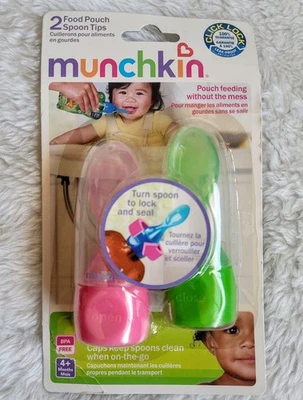 Munchkin 2 Food Pouch Spoon Tips Pink & Green Pouch Feeding Without The Mess - Image 1 of 3