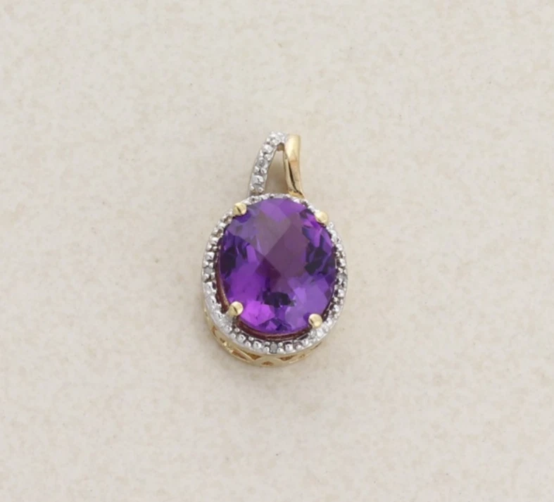 Pendant Only 10k Yellow Gold Natural Amethyst & Diamond Pendant 3/4" x 1/2" - Image 1 of 4