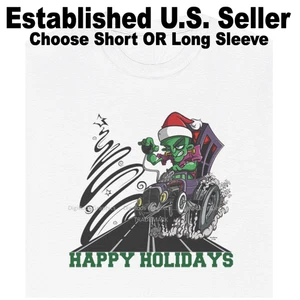 DigiRods Frank Frankenstein Christmas Santa Hot Rod Hearse Cartoon Car T Shirt - Picture 1 of 7