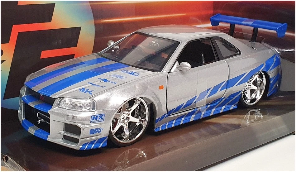 Jada 1/24 Scale 97158 - Fast & Furious Brian's Nissan GT-R (BNR34) Silver/Blue - Image 1 of 4