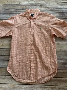 Polo Ralph Lauren Classic Fit Seersucker Button Up Shirt Mens Medium Orange Pony - Picture 1 of 6