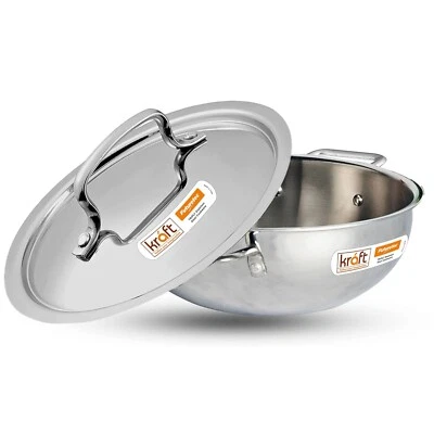 Kraft Stainless Steel Tri Ply EXTRA DEEP Kadai, Wok, Saucepan, Food Server Dish - Image 1 of 4
