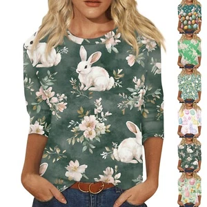 Women's Casual Printed 3/4 Sleeve Basic Plus Size Fashion Easter Tops Pullover - Picture 1 of 30