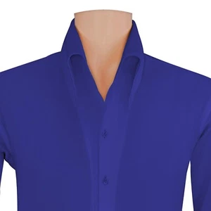 High Open Button Down Collar V Neck Royal Blue Men's Formal Attire Cotton Shirt - Picture 1 of 9