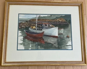 MID CENTURY A. HARLESS SIGNED COASTAL FISHING BOATS WATERCOLOR FRAMED - Picture 1 of 10