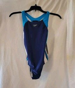 NWT Speedo Swimsuit One Piece Infinity Splice Strap Girls Size 12 White Stripe - Picture 1 of 7