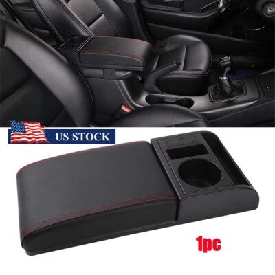 Car Armrest Storage Box Soft Elbow Suppoty Cushion Black PU Leather w/Cup Holder Foto 1 de 4