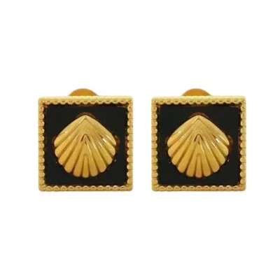 Mini aretes de acrílico negro con carcasa cuadrada de acero inoxidable enchapados en oro Foto 1 de 3