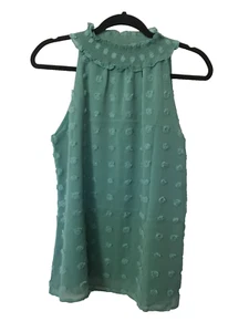 Swiss Dot Elastic Neck Top Women Medium Turquoise Blouse Lined Chiffon Vaction - Picture 1 of 5