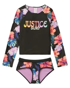 Justice Girls 2 Piece Swimsuit Black 16/18 Long Sleeve Rash Guard Floral Lined - Picture 1 of 10