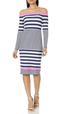 Платье-футляр Eliza J с открытыми плечами темно-синее/розовое/белое в полоску размер 6 - Изображение 1 из 4