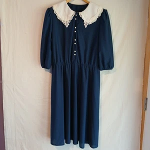 Sue Sherry '80s Navy Blue Office Dress 18WP Petite White Pilgrim Collar A Line - Picture 1 of 9