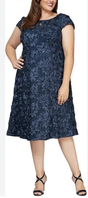 ALEX EVENINGS Womens Navy Sequined Knee Length Cocktail Fit Flare Dress Sz 24W - Image 1 of 4